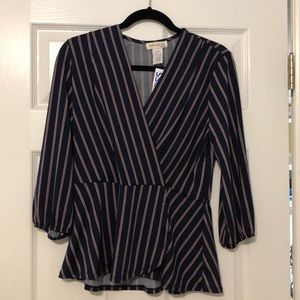 navy, red, and white striped blouse